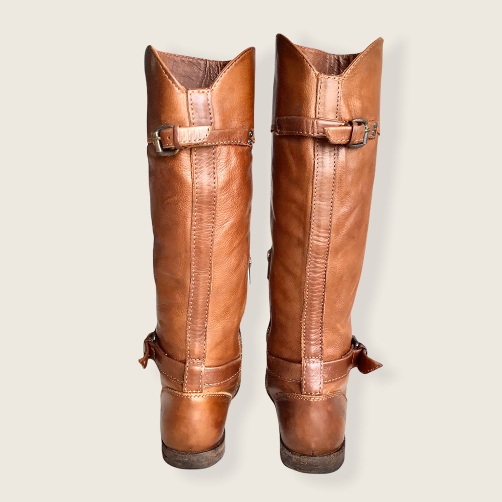 Frye Phillip Riding Knee High Cognac Real Leather Tall Buckle Vintage Low Boots - Picture 13 of 14
